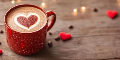 Brown background valentine s day concept. A red mug with heart-shaped latte art surrounded by hearts and coffee beans. photo