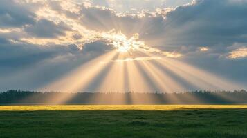 God's unconditional love for valentine's day concept. Radiant sunlight breaking through clouds over a grassy field. photo