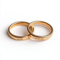 Love forever concept. Two intertwined gold rings engraved with love and forever. photo