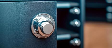 Asset protection ideas. Close-up of a safe lock and cabinet interior with metallic finish. photo