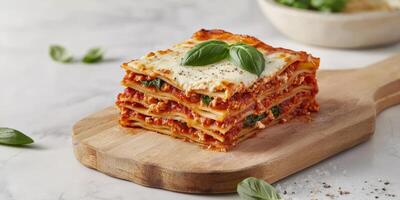 Layered lasagna slice. Delicious lasagna slice on a wooden board with basil garnish. photo