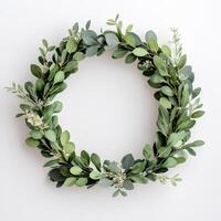 Greenery clean floral, Lush green leafy wreath on a neutral background. photo