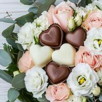 Heart chocolate bouquet concept. Bouquet of roses with heart-shaped chocolates in a romantic arrangement. photo