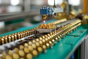 Precision task execution concept. Precision machinery processing metallic components in a factory setting. photo