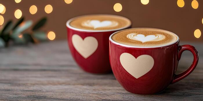 Brown background valentine s day concept. Cups of coffee with heart designs on a rustic wooden surface. photo
