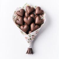 Heart chocolate bouquet concept. Bouquet of heart-shaped chocolates in decorative wrapper. photo