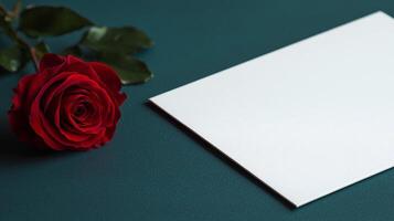 Rose in minimal Valentine's day background. Red rose beside a blank card on a green background. photo