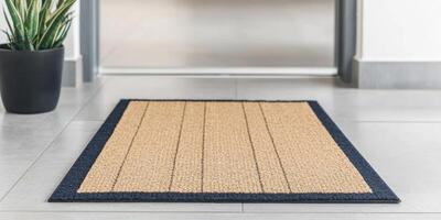 Affordable rental housing. Doormat on a tiled floor with a plant in the background. photo