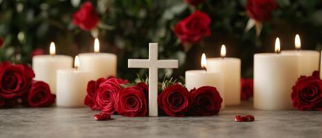 Valentine's day scripture concept. Serene arrangement of roses, candles, and a cross for reflection. photo