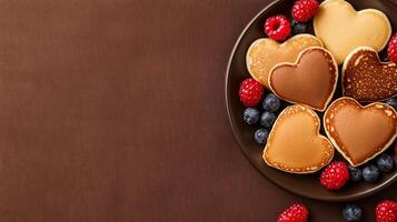 Brown background valentine s day concept. Heart-shaped cookies with berries on a dark plate. photo