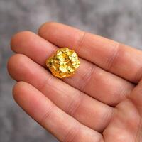 Physical asset value. A hand holding a shiny gold nugget on a textured background. photo