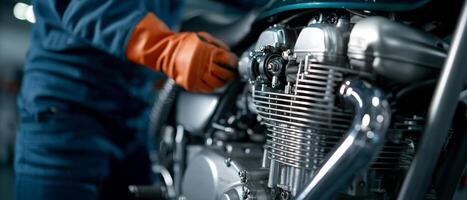 Mechanics repair engine adjustment. Mechanic working on a motorcycle engine in a workshop. photo