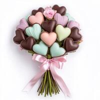 Heart chocolate bouquet concept. Delicious heart-shaped macaroons arranged as a bouquet. photo