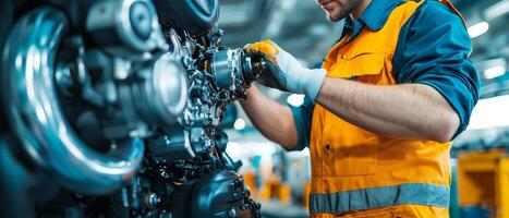 Mechanics repair engine adjustment. Mechanic repairing machinery in a workshop setting. photo