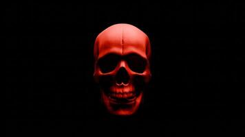 3D Rendered Rotating Human Skull with Red Glowing Eyes on Dark Background video