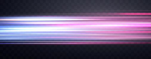 Speed rays, light neon flow, zoom in motion effect, blue and pink glow speed lines, colorful light trails, perspective stripes vector