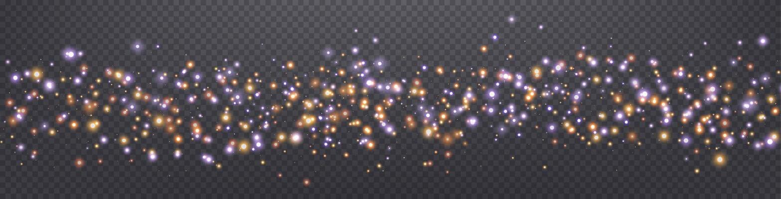 Purple and orange glittering dots, particles, stars magic sparks. Glow flare light effect. Violet luminous points