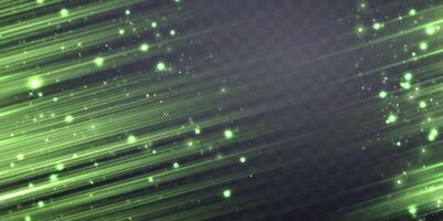 Green speed rays, velocity light neon flow, zoom in motion effect, glow speed lines, stripes with particles vector