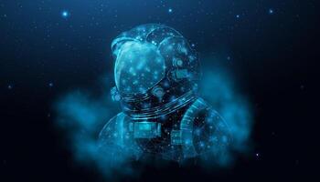 Wireframe astronaut in space galaxy close up. Futuristic polygonal cosmonaut helmet, space tourism concept. Starry abstract background with glowing human vector