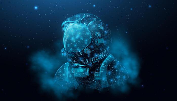 Wireframe astronaut in space galaxy close up. Futuristic polygonal cosmonaut helmet, space tourism concept. Starry abstract background with glowing human