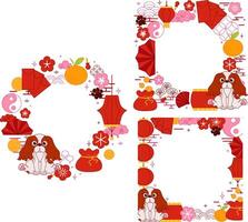 CNY Lantern festival of horse circle round frame set with chinese traditional elements and dog. 2030 graphic line template set on transparent background vector
