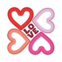 Illustration of four colorful outlined heart shapes arranged around the word LOVE in bold letters. Modern romantic design on a white background for Valentine's Day or love-themed projects. vector