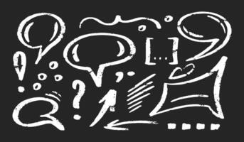 Chalk speech bubble set. Crayon dialogue cloud frame by pencil. Arrow, line, emphasis, dots, signs, talk cute charcoal box. Doodle illustration on blackboard vector