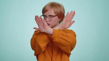 Woman say No hold palm folded crossed hands in stop gesture warning of finish prohibited access video