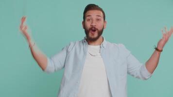 Magician wizard handsome man gesturing with magic wand making wish come true, casting magician spell video