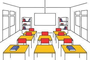 Classroom Illustration Empty Desks, Bookshelves, Projector Screen vector
