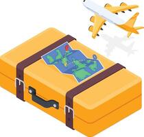 Travel Suitcase with Airplane and Map Isometric Icons vector