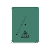 Minimalist billiard table with cue, balls and triangle rack. Sports-related design, bar, pub, game room, billiards-themed content. vector