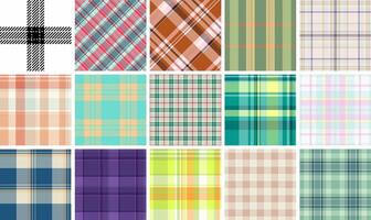Collection of 15 vibrant plaid and check patterns. Perfect for textile design, fashion, home decor, and web backgrounds. Diverse color palettes offer endless design possibilities. vector