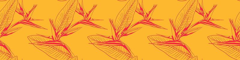 Vibrant bird of paradise flower line art pattern on a sunny yellow background. Perfect for textile prints, website banners, or summer-themed designs. vector