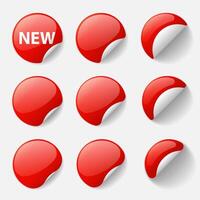 Set of round glossy red stickers with curled corner and shadows. illustration vector