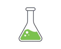 Simple, clean illustration of an Erlenmeyer flask containing a bright green liquid. Perfect for science, chemistry, laboratory, or educational projects. Use as an icon, symbol, or graphic element. vector