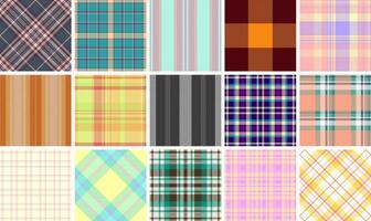 Vibrant collection of 16 seamless plaid patterns. Perfect for textile design, website backgrounds, and fashion projects. Various colors and styles offer diverse design options. vector