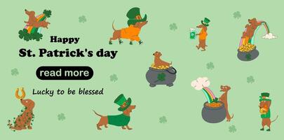 Web page design template. A set of cartoon dachshunds wearing green clothes and hats. St. Patrick's day. vector
