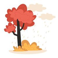 Autumn Landscape with Red Tree and Yellow Grass on a Rainy Day vector