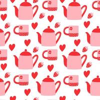 Seamless pattern with a bright teapot and cup set with strawberry hot tea vector