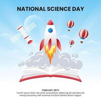 National Science Day background with an open book and rocket vector