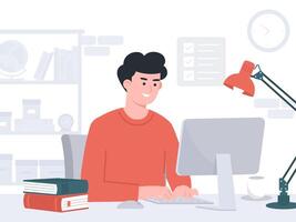 A man is sitting at a desk with a computer monitor in front of him flat illustration vector