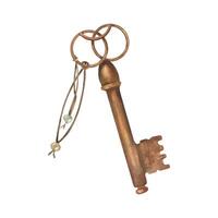 Watercolor vintage bronze key with with string illustration. Shabby rusty texture element, rope with beads with hand drawn composition for Valentine day, wedding card vector