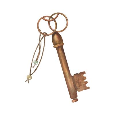 Watercolor vintage bronze key with with string illustration. Shabby rusty texture element, rope with beads with hand drawn composition for Valentine day, wedding card