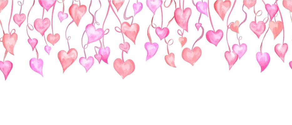 Watercolor pink red hearts hanging down on pink ribbons horizontal seamless banner isolated on white. Valentine day, birthday pattern for romantic textile, stationery, package decor.