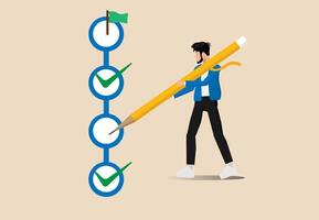 a man is holding a pencil and checking off a checklist vector