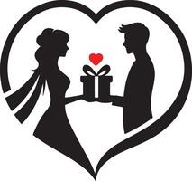 Silhouette logo of couple exchanging gifts surrounded by heart shaped for Valentine Day vector
