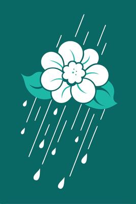 Rain Showering White Flower with Green Leaves Illustration