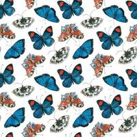 Butterflies of bright colors, peacock butterfly, nymphalidae, Morpho all objects are hand-drawn with watercolor. Seamless watercolor pattern. Suitable for printing on fabric, paper vector