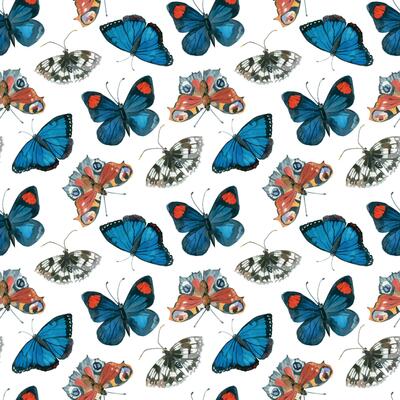 Butterflies of bright colors, peacock butterfly, nymphalidae, Morpho all objects are hand-drawn with watercolor. Seamless watercolor pattern. Suitable for printing on fabric, paper